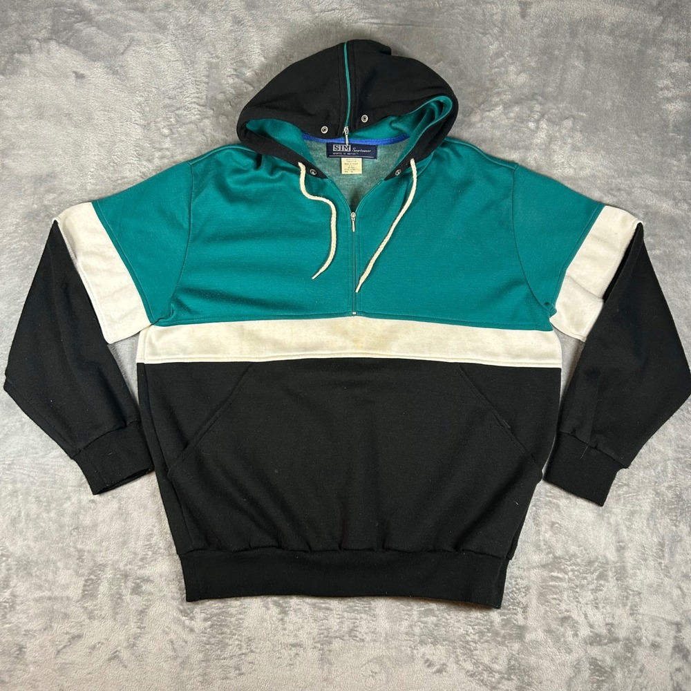 Vintage SIM Sportswear Colorblock Hoodie Teal Black White Quarter Zip XL - Picture 1 of 6